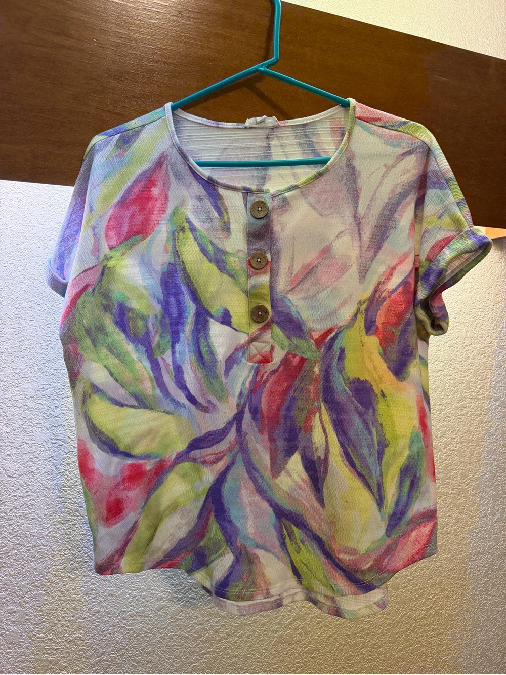 Westbound Short Sleeve Watercolor Leaf Print Top - Purple, Green, Pink, Yellow